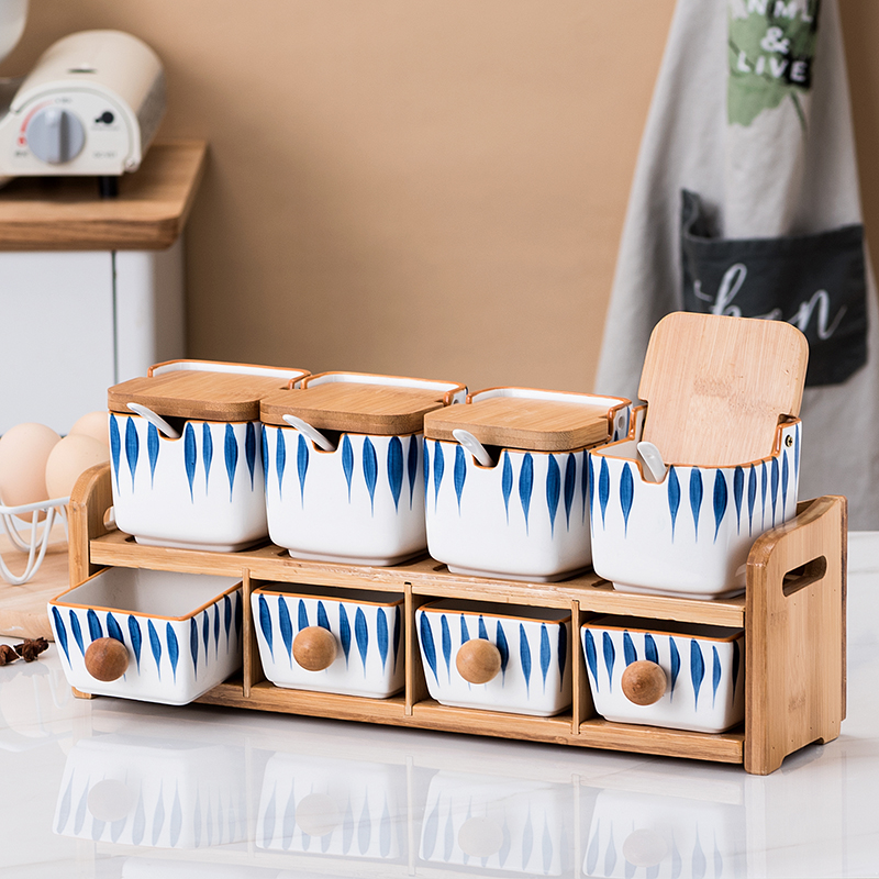 Japanese seasoning box kitchen supplies set salt shaker oil salt sauce vinegar full set storage bamboo seasoning jar seasoning bottle