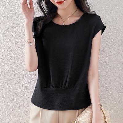 September Mo Mo retro pleated fashionable and youthful short-sleeved T-shirt for women, high-end loose, casual and versatile, slimming top for summer