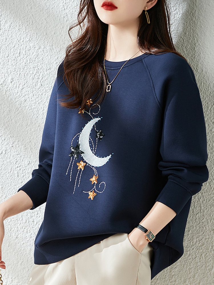 September Strangling Europe Station Big Code New Space Cotton Sequins Embroidered Sweatshirt Loose Fat Girl Girl Dress Spring Autumn Clothes 