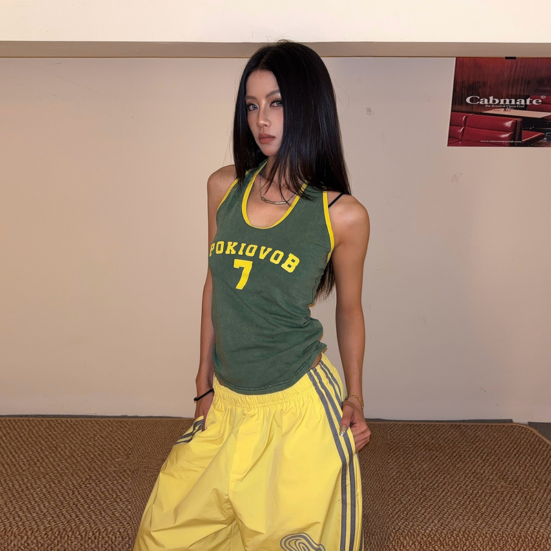 Doubled Retro Sports Style Washed Color-Block Halter Top for Women, Summer Slim-Fit Versatile Sleeveless Top