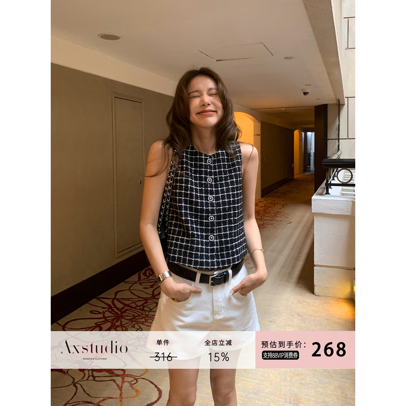 A Xin Liang Jing Jing Black Gold Era Black Plaid Single-Breasted Sleeveless Chanel-Style Vest Top for Women Summer