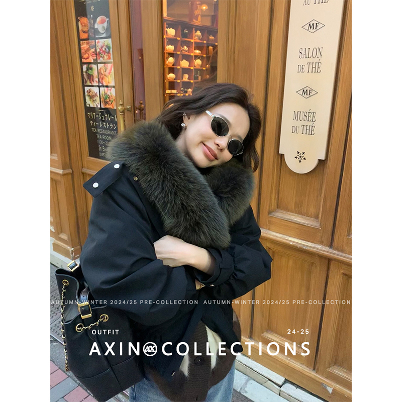 A Xin Shiny Black Detachable Fox Fur Collar Inner Lining Three-Proof Parka Goose down Jacket for Women, New Winter Model
