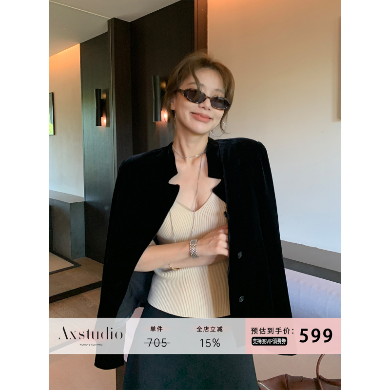 A Xin Shiny Mulberry Silk Black Short Shoulder-Pad Blazer Women's Autumn Casual Silk Velvet Blazer Ax26W011