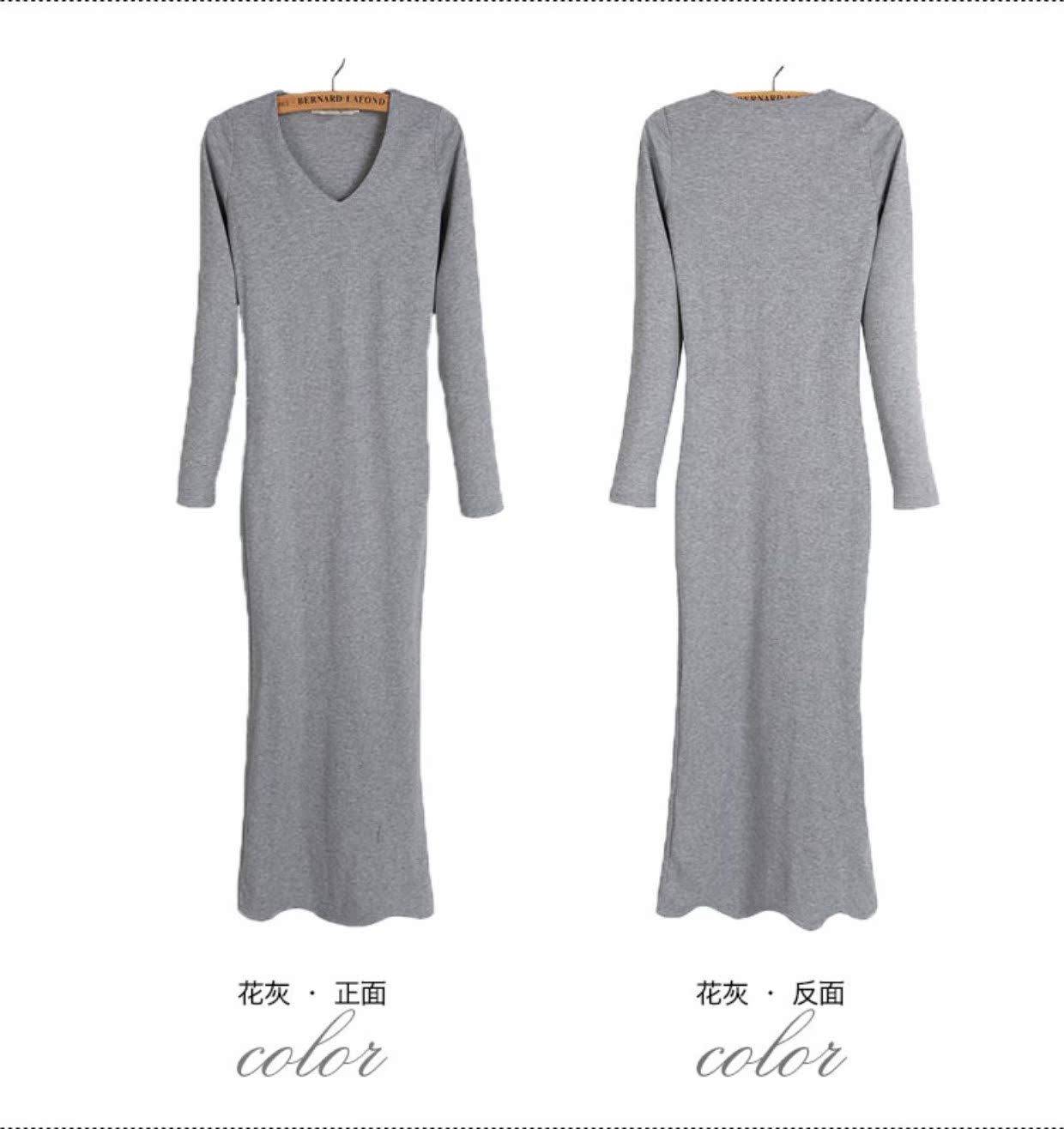 Mùa thu và mùa đông của phụ nữ phiên bản Hàn Quốc của cổ chữ V bằng cotton dài mảnh hoang dã Slim XL qua đầu gối váy dài đầm thun dài