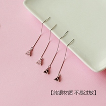  S925 sterling silver short ear line female three-dimensional triangle black and white diamond-set Korean temperament simple personality ear chain drop earrings