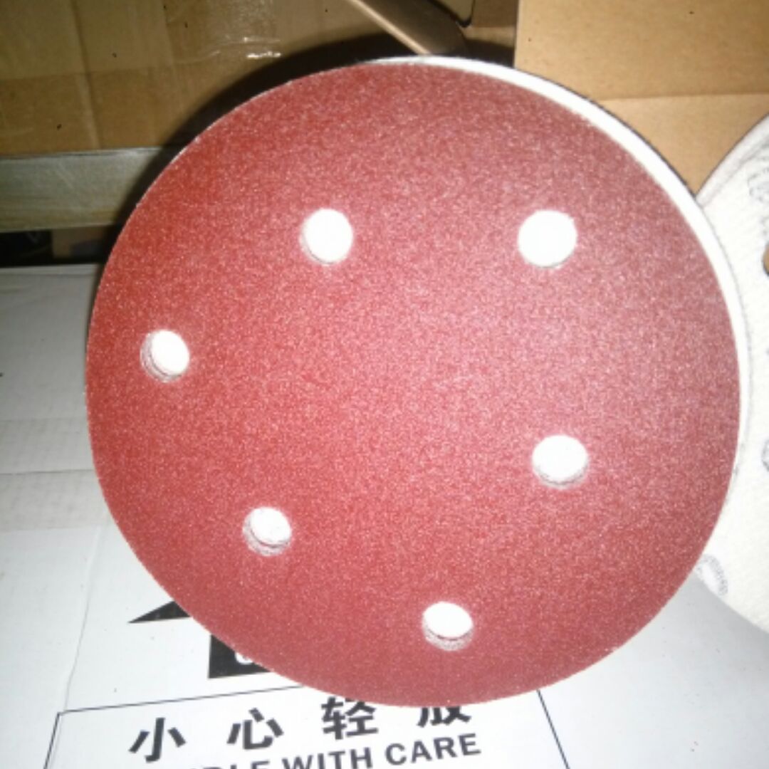 Dry sandpaper 5 inches 6 holes circular disc pneumatic sandpaper self-adhesive brushed polishing polishing sheet red sand wear-resistant flocking