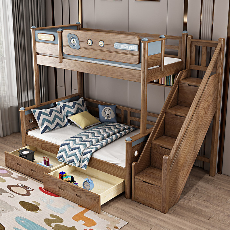 Full wood on top and down double bed bed white wax wood children's bed height and low bed boy high box out of bed