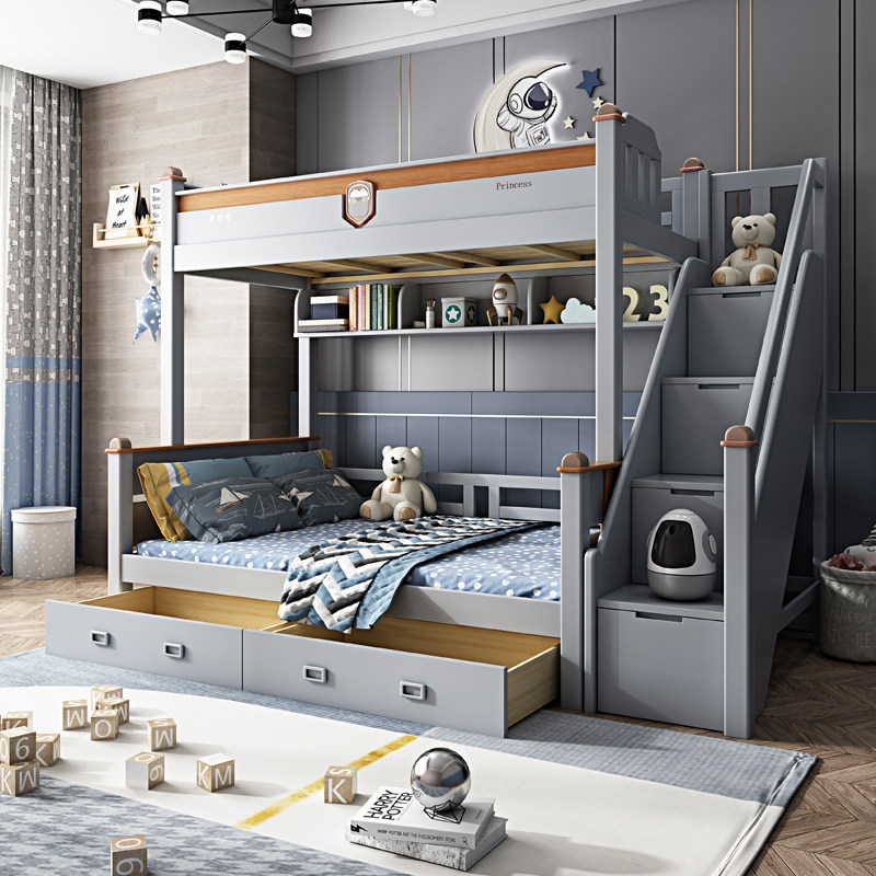 Nordic upper and lower bed bunk bed solid wood high and low bed sub-mother bed multifunctional storage high box combination wooden bed 1 5