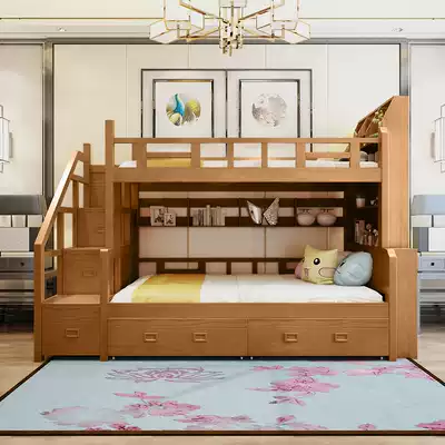 Full solid wood high and low bed Chinese bunk bed bunk bed bed bed adult child mother bed with Bookshelf