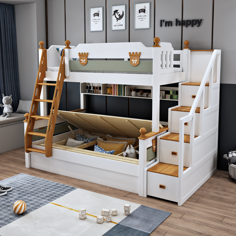 Children's upper and lower full solid wood high box double high and low bed multifunctional combination upper and lower wooden bed boys and girls 1 35