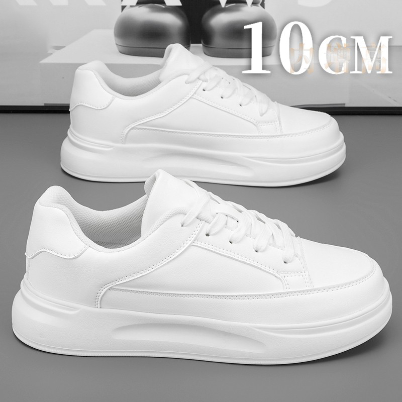 Invisible Height-Increasing Men's Shoes 10cm Spring Pure White Sneakers Men's Thick-Soled Genuine Leather Couple Style Casual White Shoes