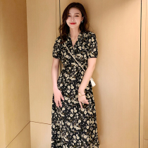 2021 Spring and summer V-neck short-sleeved chiffon French floral dress a-line long skirt female wild super fairy skirt chic