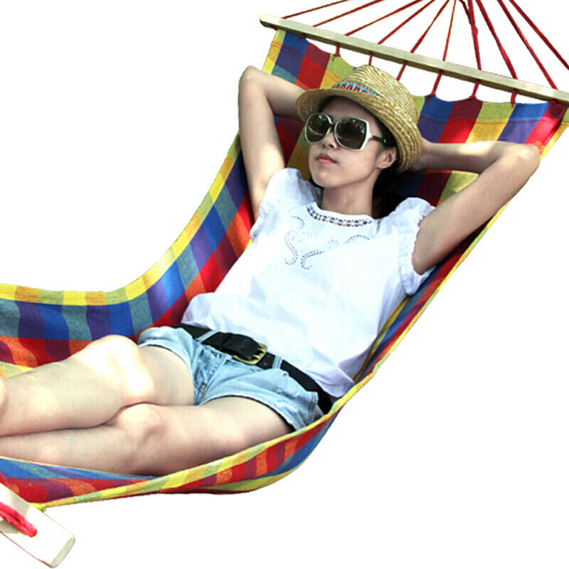 Outdoor Hammock Thicken Single hammock Indoor Swing Bed SWING BED RAINBOW CANVAS HANGING BED WOOD STICK CHILDREN HAMMOCK BUNK BED ADD COARSE