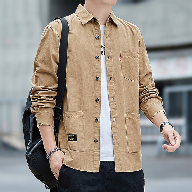 Pure cotton long-sleeved shirt men's tooling jacket spring and autumn trend loose casual shirt men's autumn casual Hong Kong style