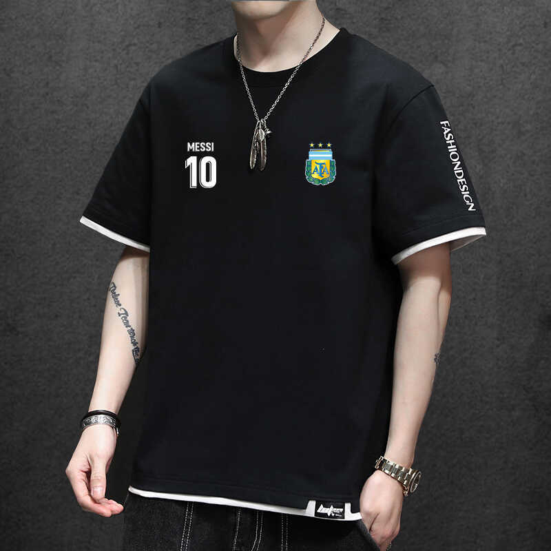 Summer Three-Star Argentina Short-Sleeved T-Shirt Men's Fan Commemorative Lapel Messi No. 10 Loose Large Size Top