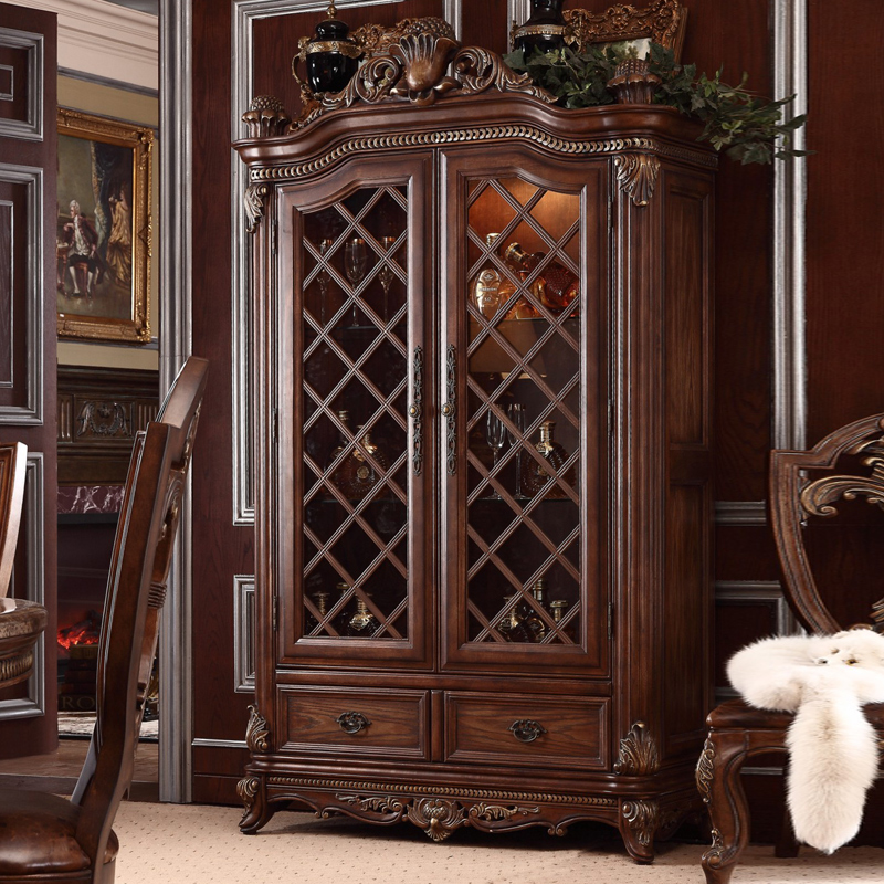 European style solid wood double door wine cabinet luxury American country retro living room side cabinet glass cabinet decorative cabinet jewelry cabinet
