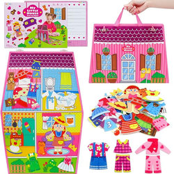 Little Girl's Pretend Play Quiet Book House Busy Board Doll Dress-Up House Toy Foldable Portable Felt Board