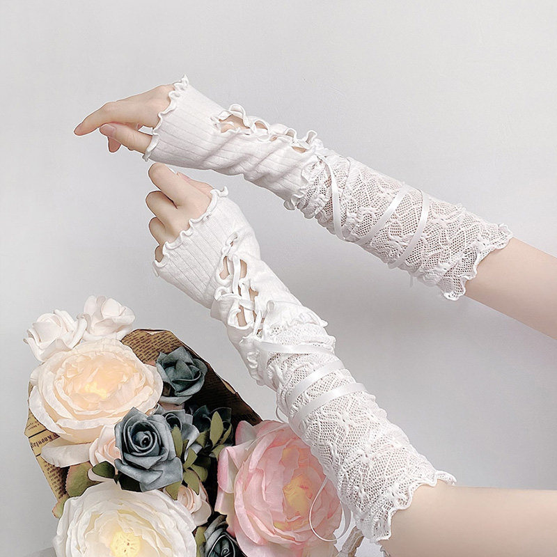 Lolita style lace-up sleeves, Japanese-style patchwork ballet-inspired ribbon tie sleeves, cosplay sweet and cool style gloves.