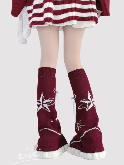 lolita新年酒红色堆堆袜套女可爱绑带蝴蝶结针织腿套圣诞节小腿袜