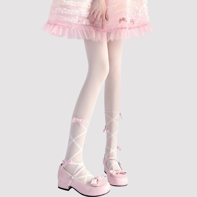 Lolita-style white stockings with bow, thin and anti-snagging, perfect for summer. Also features pure and alluring pearl black pantyhose.
