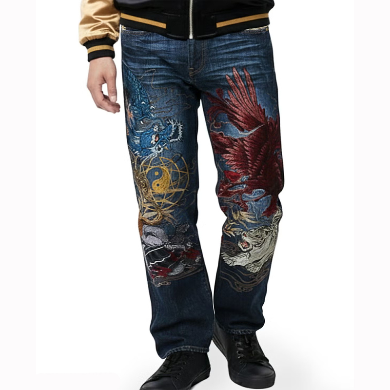 Karakuri and Patterned Five Mythical Beasts Embroidered Men's Denim Pants, Loose Straight-Leg Trendy Style