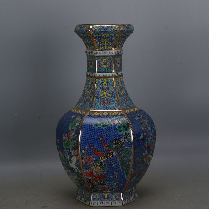 花瓶 CL07 琺瑯彩花鳥六方景徳鎮花瓶｜輸入マート 乾隆王朝 東京