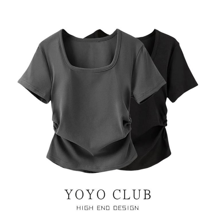 Brand Discount Plus-Size Square-Neck Regular Shoulder T-Shirt for Women, Short-Sleeved, Summer, for Chubby Women, Slimming, Unique Design, Pleated Top
