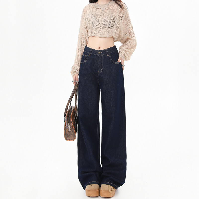 Dark Blue Wide-Leg Jeans for Women 2026 New Spring High-Waisted Petite Loose Straight Pants Slimming and Drapey