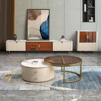 Modern minimalist light and luxurious rock plate TV cabinet round tea table combined small family type living room glass door high foot storage lockers