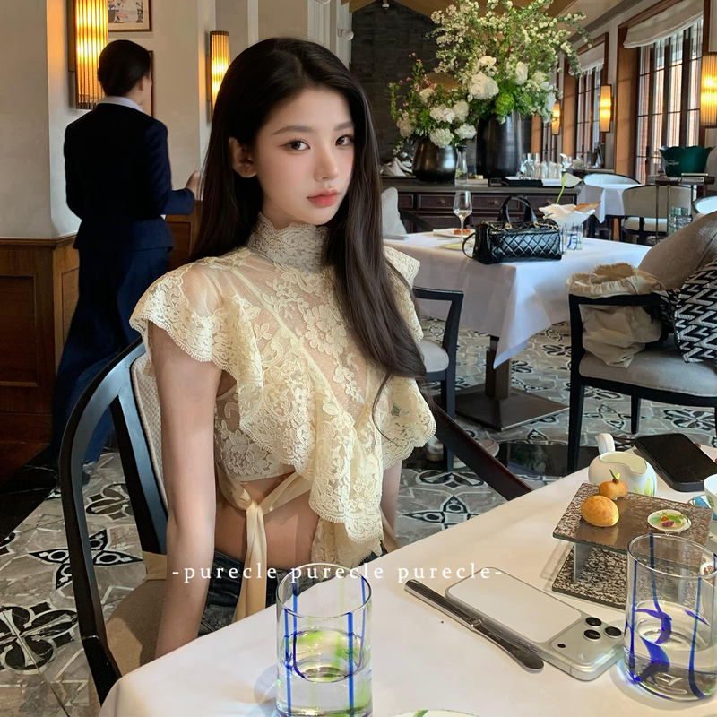 Shirt for Women 2026 New Style High-End Socialite Heavy Lace Ruffle Trim Shirt Sexy Tie Short Top