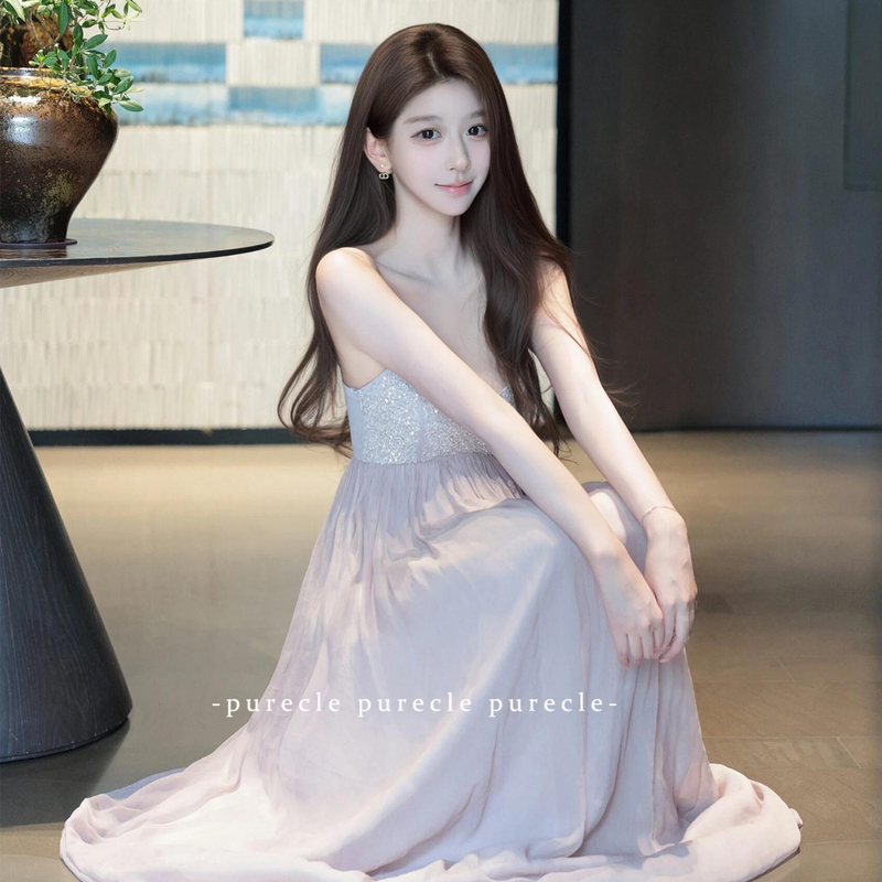 Elegant Women's Spaghetti Strap Dress with Heavy Mesh and Rhinestone Embellishments, Suitable for Birthday Parties, Waist-Cinching, and Vacation Long Dresses