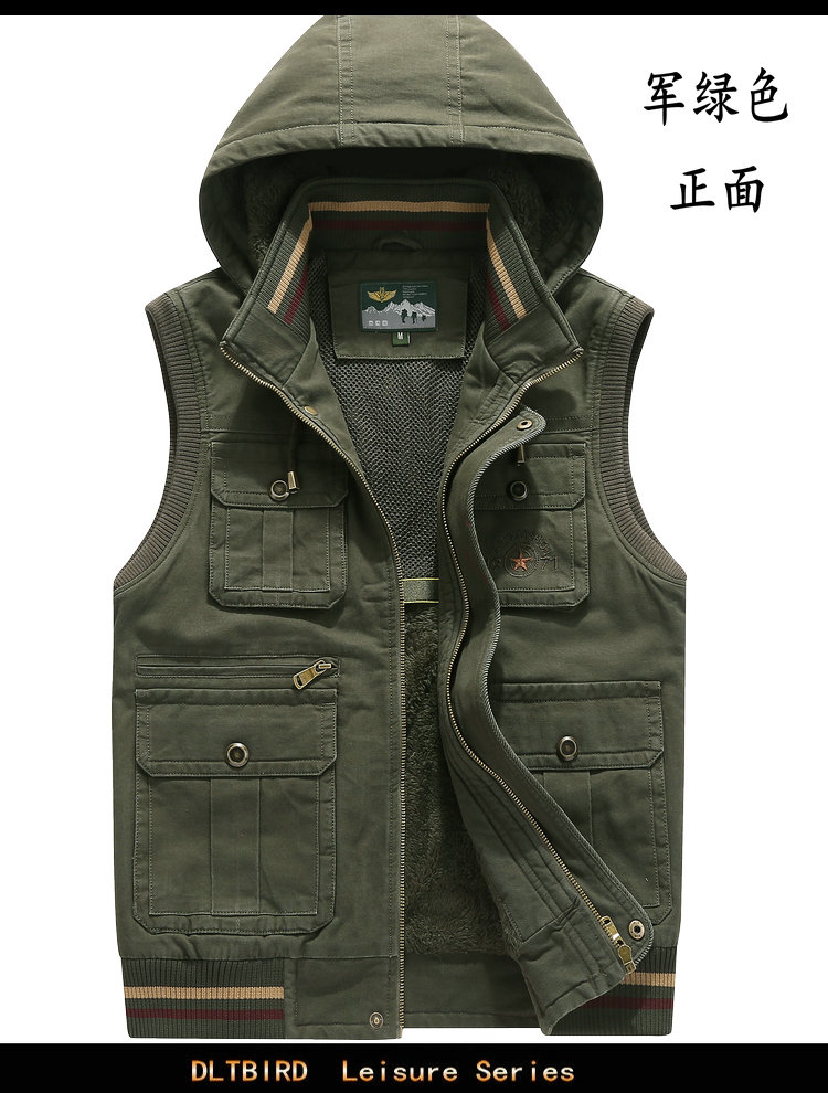Mùa thu và mùa đông nam vest giản dị cotton cộng với nhung cotton vest đa túi ngoài trời chụp ảnh áo len trùm đầu áo ba lỗ gym