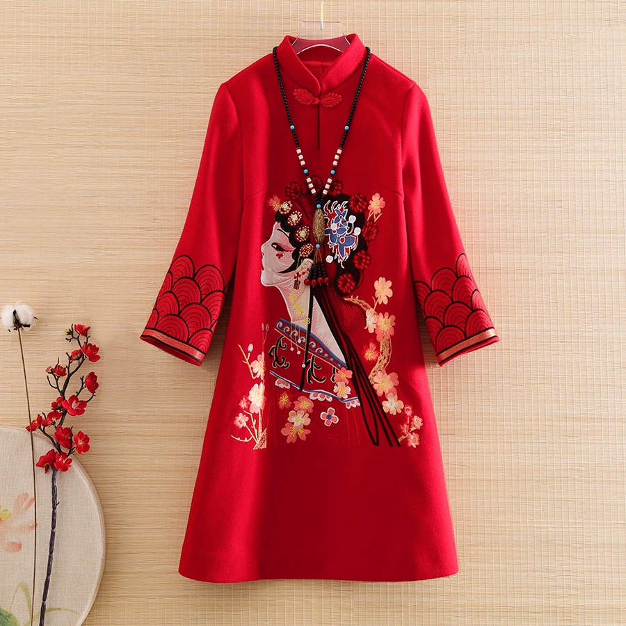 Áo khoác len nữ cải tiến Meilun 2020 Zen Phong cách Trung Quốc Công nghiệp nặng Thêu váy len dày chữ A - Sản phẩm HOT