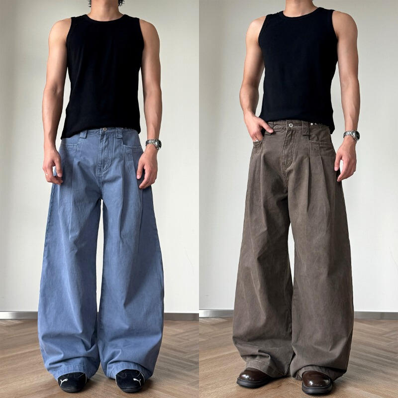 Cz2 American-Style Casual Retro Pleated Adjustable Waistband Work Pants Unisex Versatile Commuting Wide-Leg Trousers