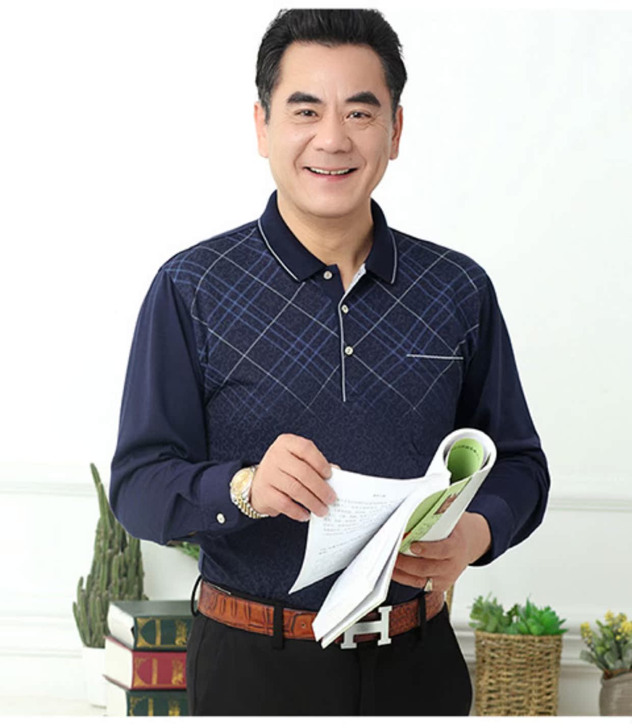 Mùa xuân và mùa thu cha mặc áo thun nam dài tay trung niên cotton áo trung niên ve áo mùa xuân mỏng phần đáy quần áo nam áo phông dài