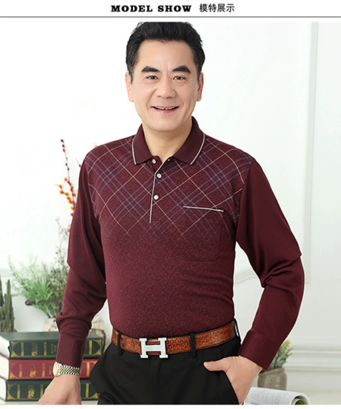 Mùa xuân và mùa thu cha mặc áo thun nam dài tay trung niên cotton áo trung niên ve áo mùa xuân mỏng phần đáy quần áo nam áo thun nam