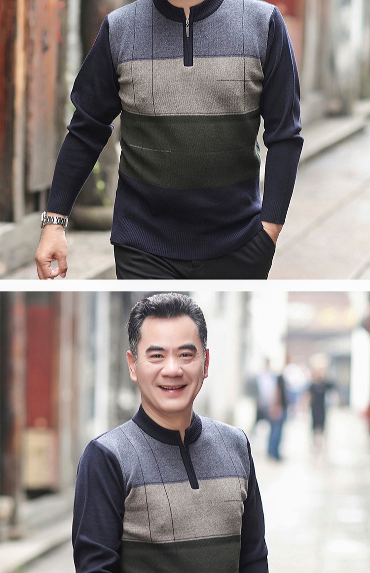 2018 thu đông mới áo khoác nam trung niên nam dày hơn áo len đáy quần áo len cổ tròn của bố - Kéo qua shop quần jean nam
