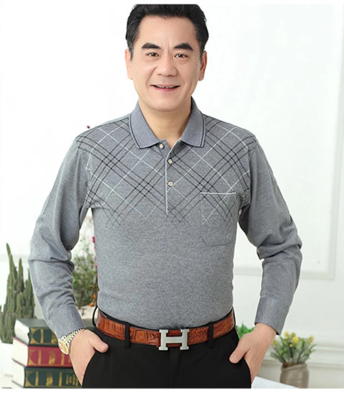 Mùa xuân và mùa thu cha mặc áo thun nam dài tay trung niên cotton áo trung niên ve áo mùa xuân mỏng phần đáy quần áo nam áo thun nam
