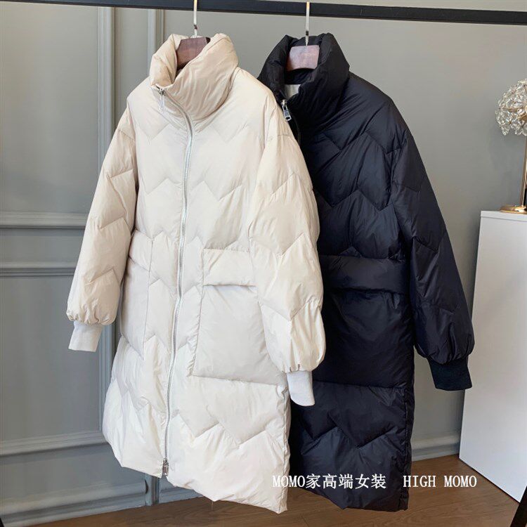 Feedback to the value of the cold winter warm stand-up collar diamond shape loose age reduction over the knee mid-length version of the 90 white duck down down jacket women's winter