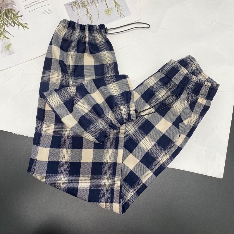 Trendy 100 Hitch Lattice Alignment Craft Tightness Waist Design Han Tie 9 Light Cage Pants Woman Plaid Casual Pants Spring Summer