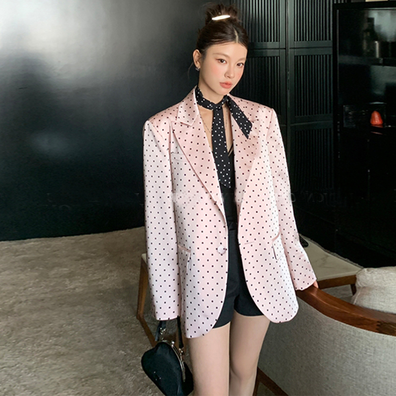 High-End Pink Polka Dot Acetate Blazer for Women, Designed with Satin Texture, Elegant, Slightly Loose Fit, Loose-Fitting Suit Top