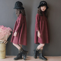Parent-child girl dress autumn and winter Korean version of childrens Big Boy foreign-atmosphere loose casual high collar warm bottom skirt