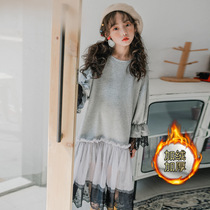 Girls cotton plus velvet padded dress autumn and winter New flared sleeve lace casual fashion Korean princess skirt