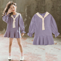 2019 New Girls autumn dress Korean childrens clothing childrens foreign style bow tie stripes fashionable lotus leaf skirt