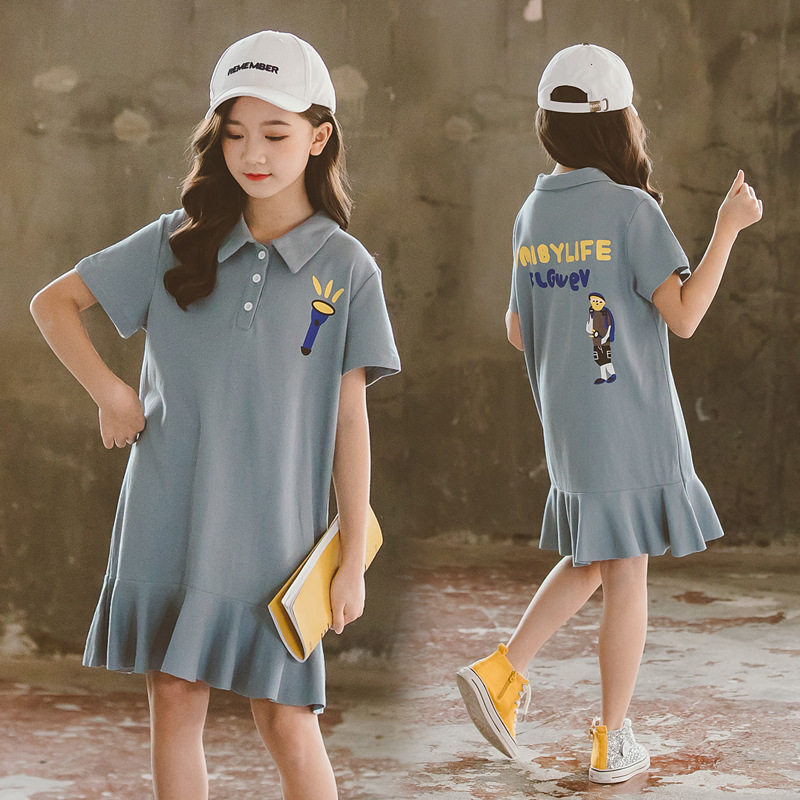Girls polo collar dress short-sleeved children's clothing 2020 summer Korean version of the new casual stitching middle-aged children's princess dress