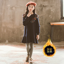 Girls plus velvet padded ruffle dress 2019 Winter Korean casual warm floral lace round neck long sleeve