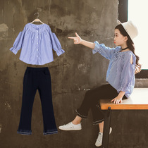 Girl set Spring and Autumn 2019 new childrens foreign style shirt horn pants little girl Korean two-piece tide