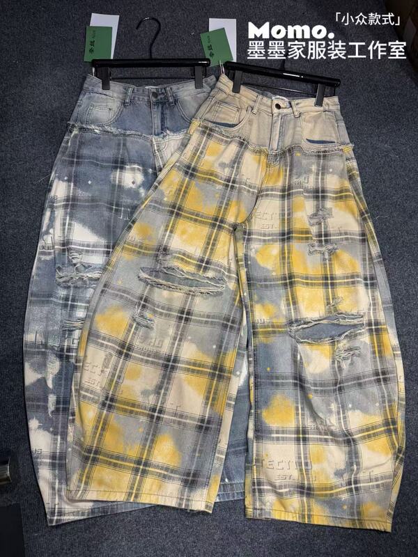 2026 New Summer Plaid Patchwork Design Ripped Loose Slimming Versatile Casual Denim Scimitar Pants 2026 New Summer Plaid Patchwork Design Ripped Loose Slimming Versatile Casual Denim Scimitar Pants