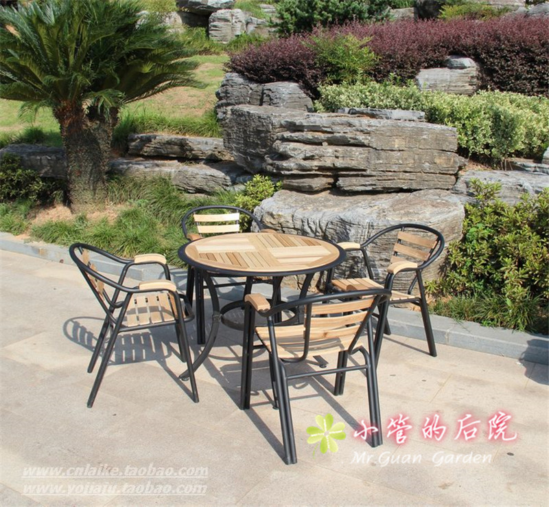 Giải trí ngoài trời đồ nội thất gỗ rắn tếch rèn sắt bảng và ghế patio cà phê ngoài trời thanh ban công bảng và ghế bộ bàn ngoài trời