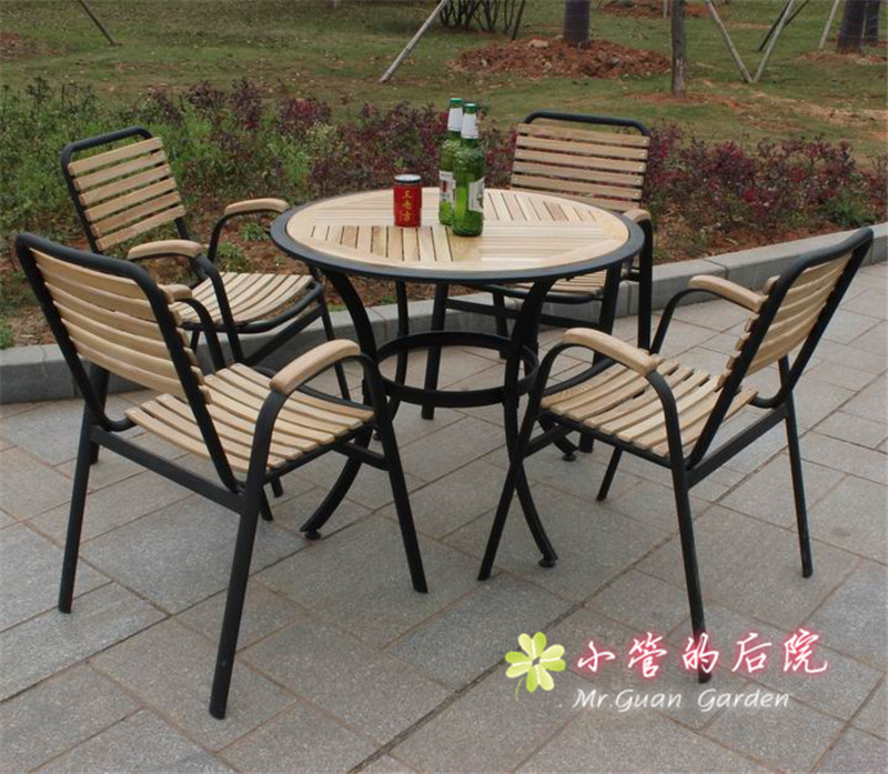 Giải trí ngoài trời đồ nội thất gỗ rắn tếch rèn sắt bảng và ghế patio cà phê ngoài trời thanh ban công bảng và ghế bộ